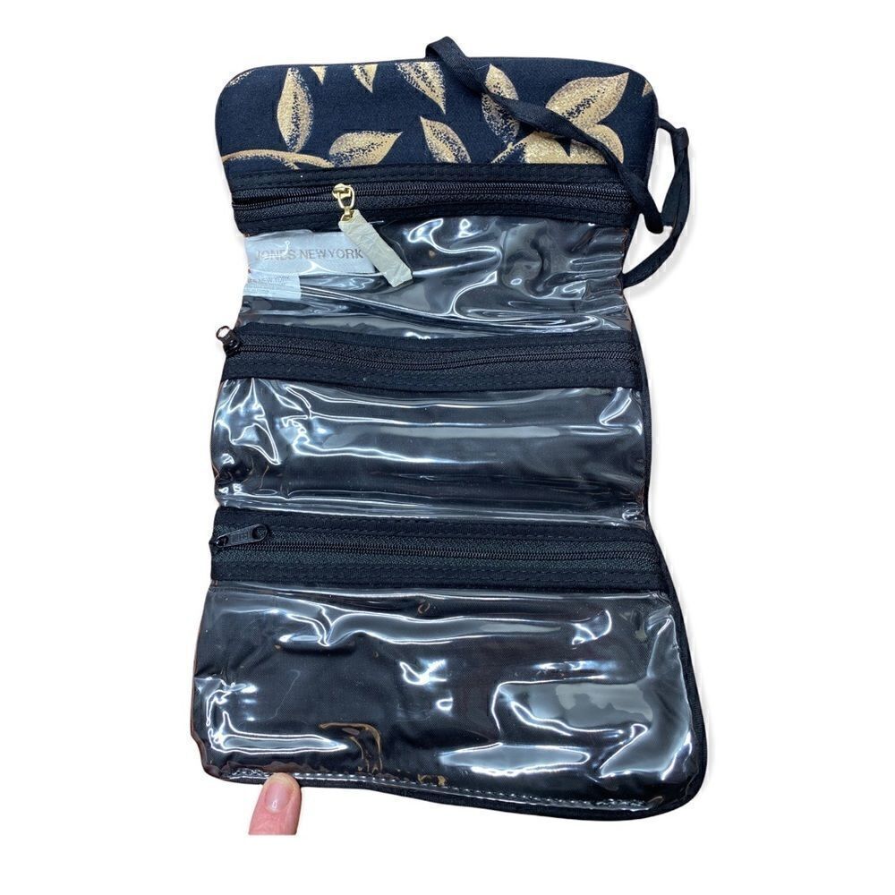 Jones New York black tan floral cosmetic jewelry bag 3 zip areas roll up tie bag